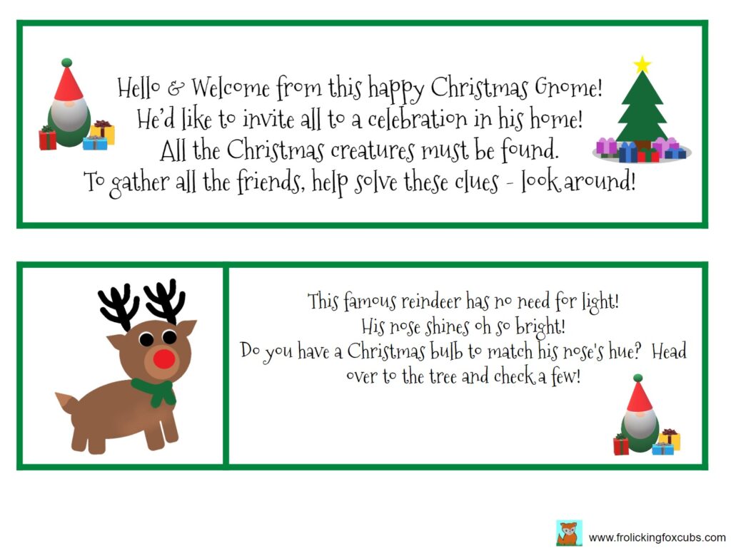 Free Printable Clues for a Christmas Gnome Treasure Hunt – Frolicking ...